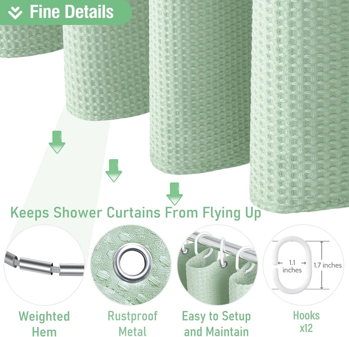 Mint green waffle-weave shower curtain detail showing weighted hem and reinforced hooks