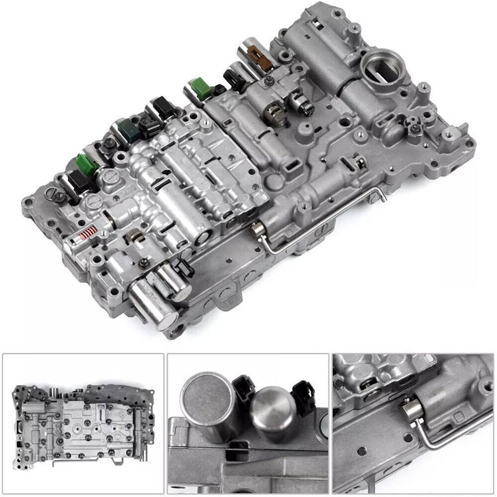 Transmission valve body with solenoids, silver-gray metal housing with green connectors