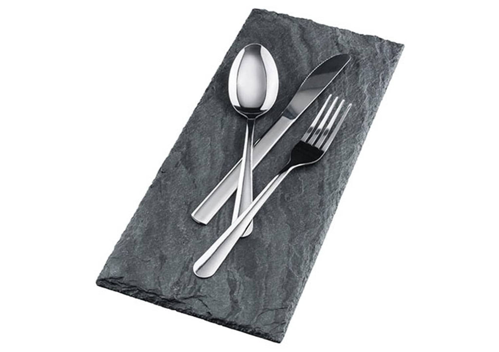 Stainless steel Windsor-style utensil set on slate, silver forks and spoon