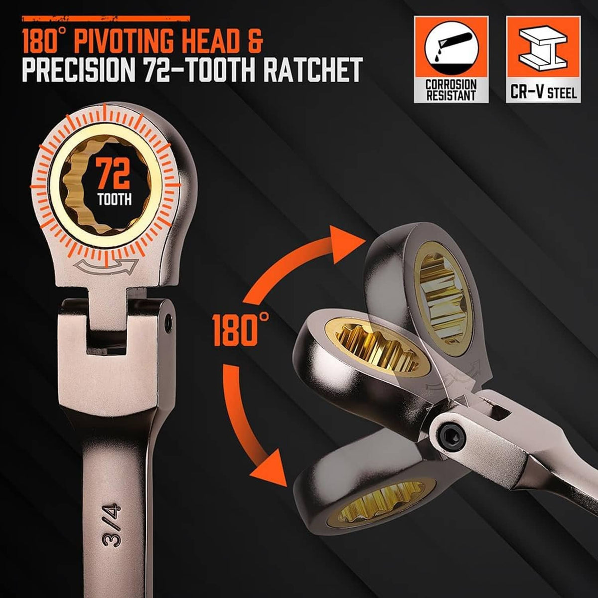 180° pivoting flex-head ratcheting wrench, silver head with gold ratchet interior