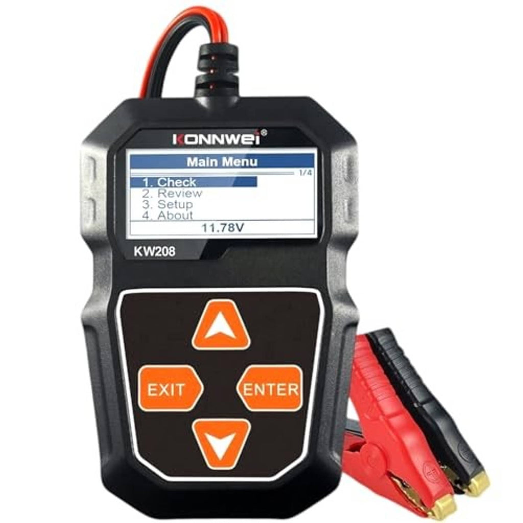Car battery tester with LCD showing 11.78V and red/black alligator clamps