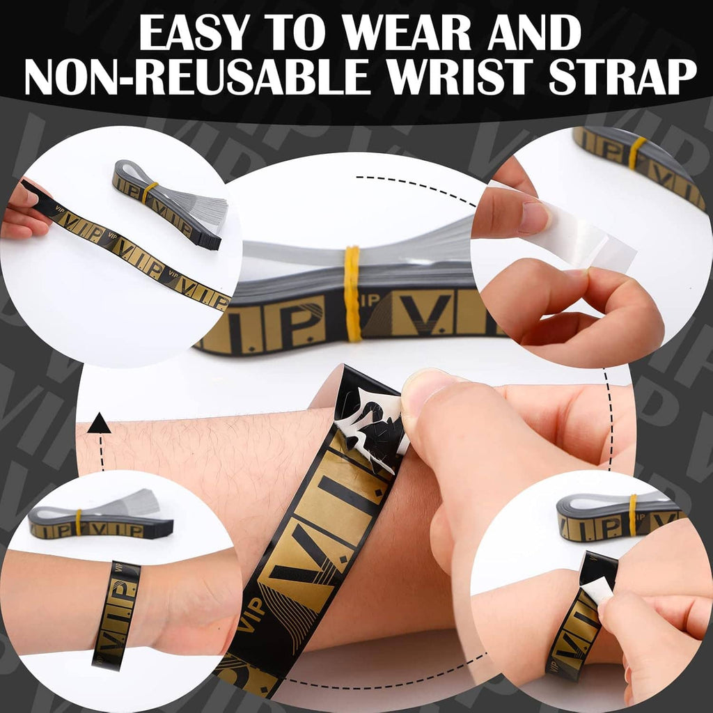 Adjustable VIP-logo wristband fastened on wrist with non-reusable strap
