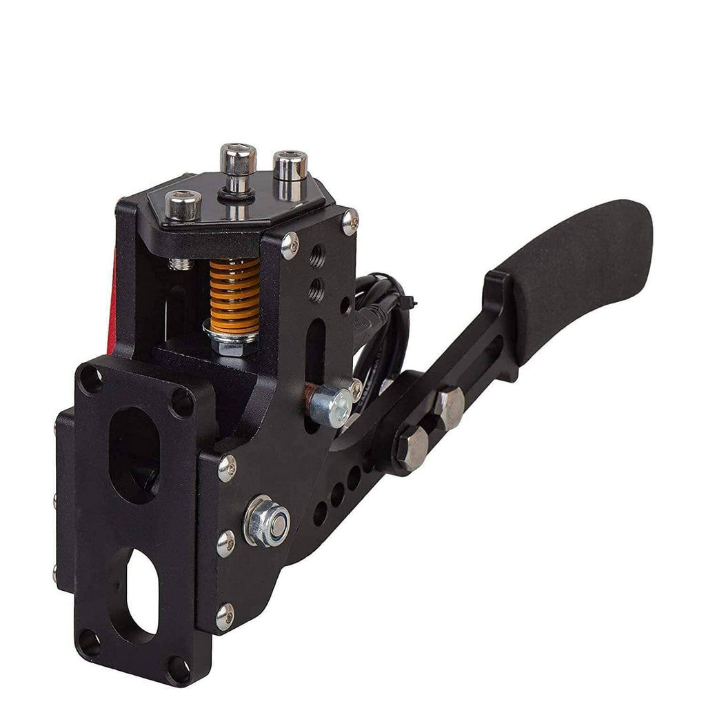 PC USB handbrake controller close-up with black housing, coil spring, and mounting pins