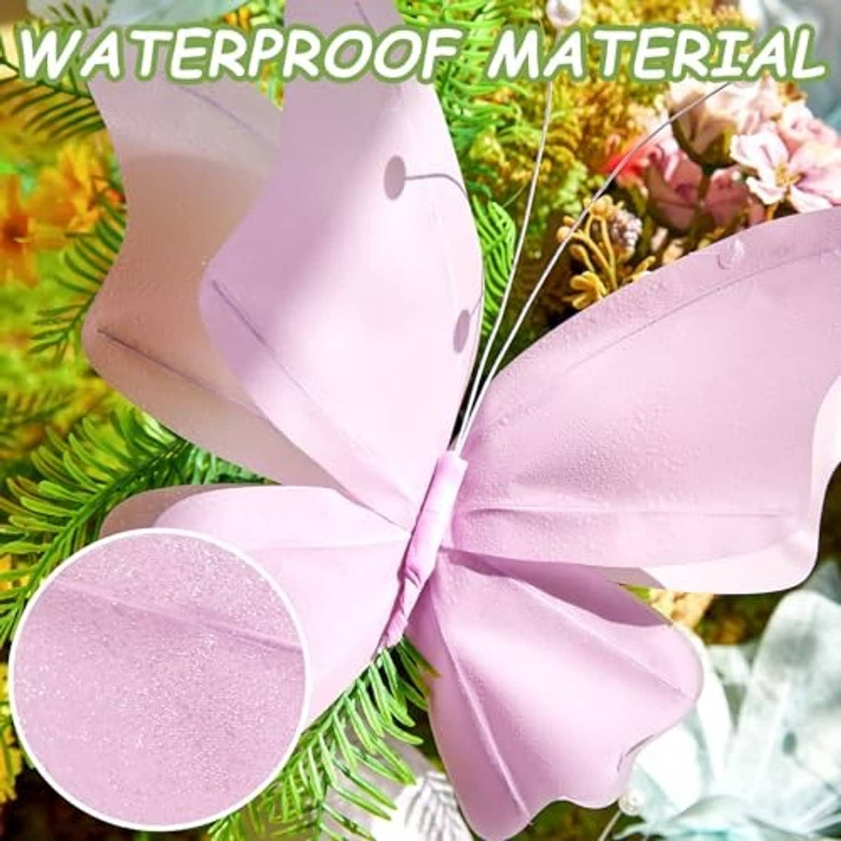 Close-up of a pale pink 3D butterfly with a glittery finish and wire antennae