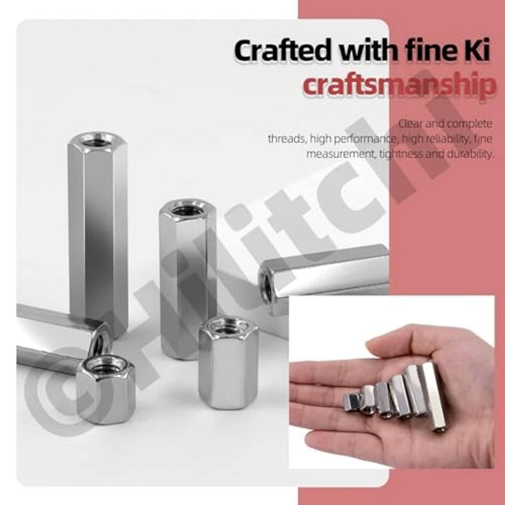 Stainless steel extended hex nuts with internal threads and hex shape, shown in hand