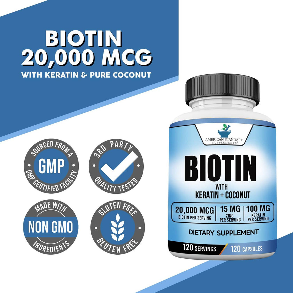 Biotin 20,000 mcg supplement bottle with quality badges and keratin + pure coconut