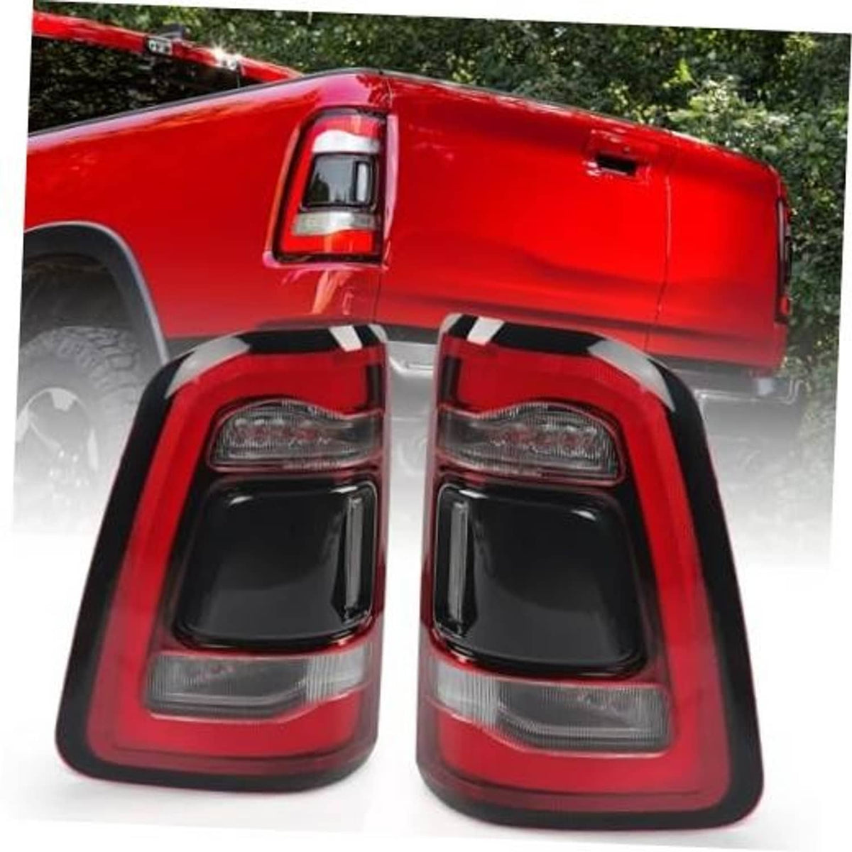 Tail light assembly pair with red lens and black housing, left and right