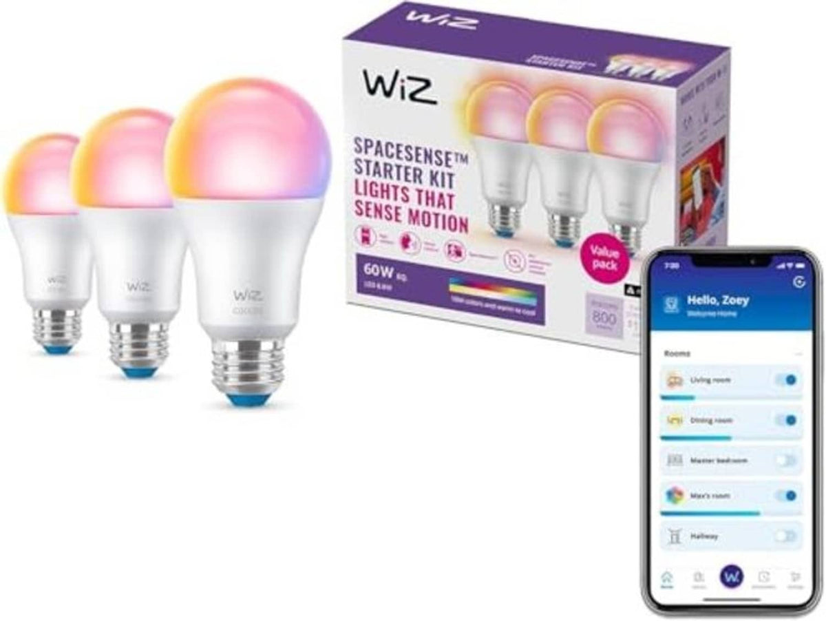 WiZ smart bulb starter kit box with three bulbs and WiZ app on smartphone