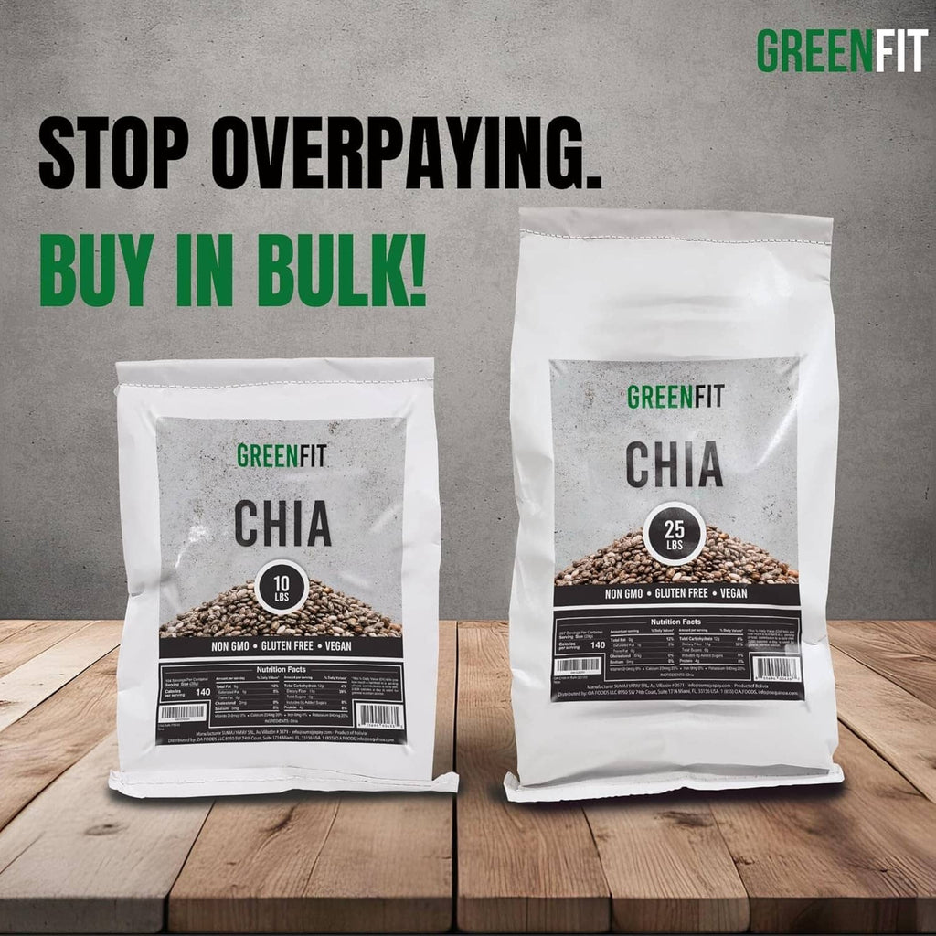 Two Greenfit chia seed bags, white pouches with green branding and product label