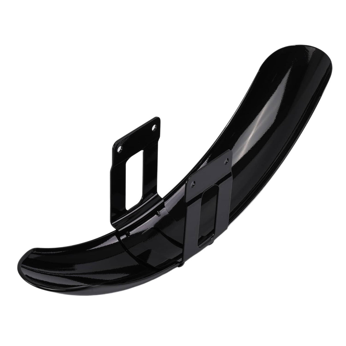 Glossy black front fender mudguard cover with a bracket frame and curved lower lip.