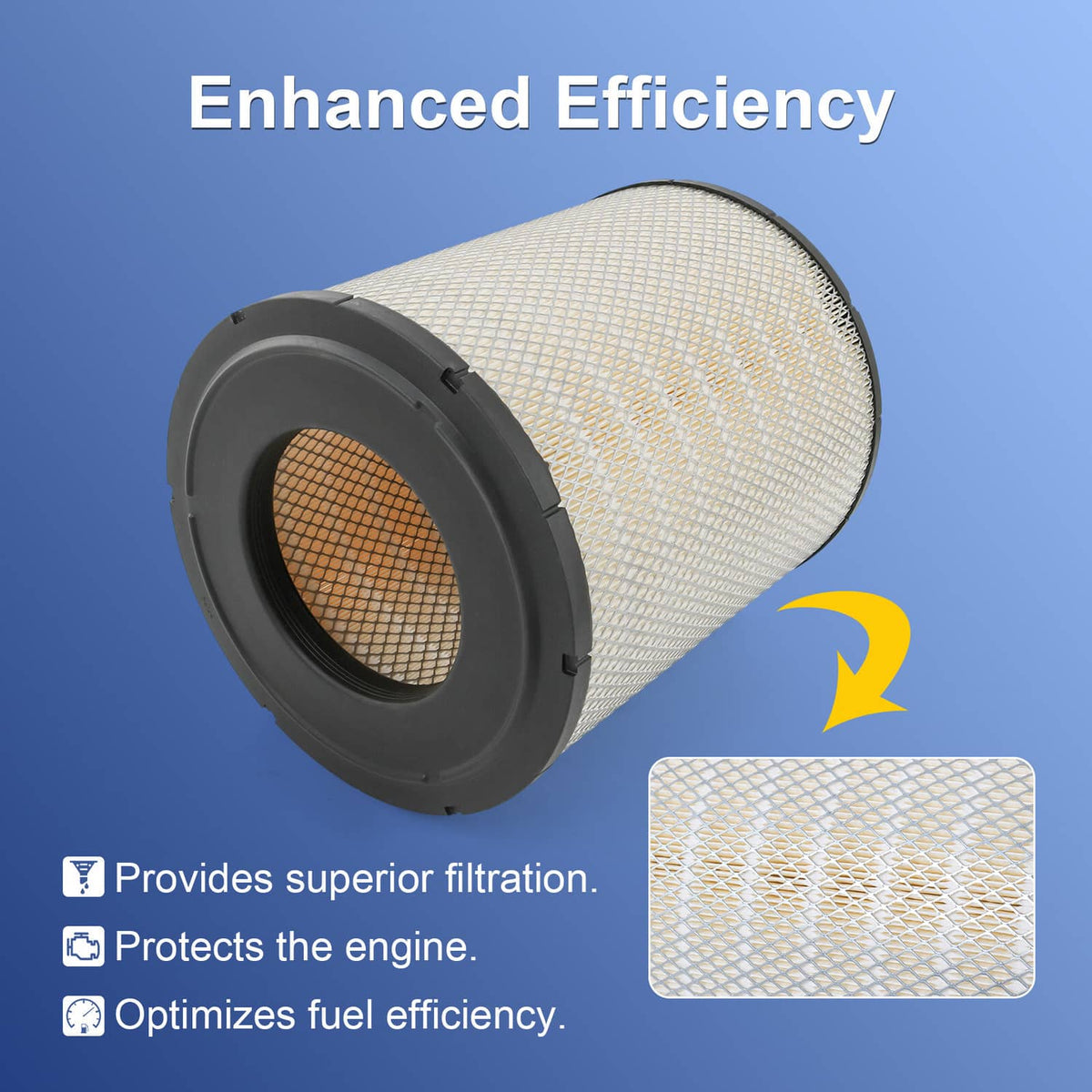 Cylindrical air filter with black rim and pleated filter media, RS3518