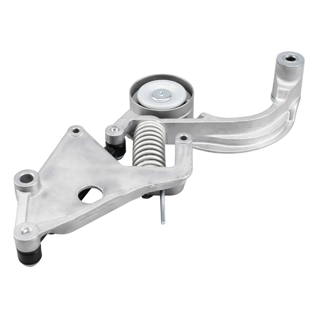 Belt tensioner with pulley wheel, coil spring, and silver control arm bracket.