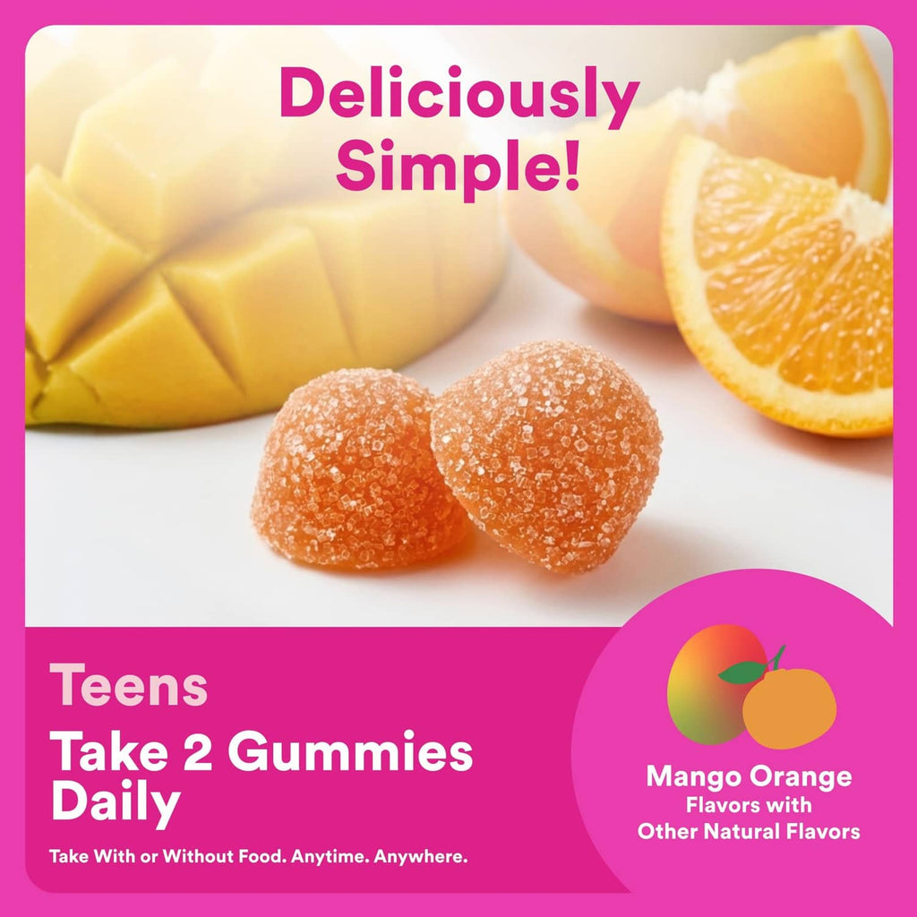 Orange and amber gummy candies with a hint of mango flavor, shown with a bottle.