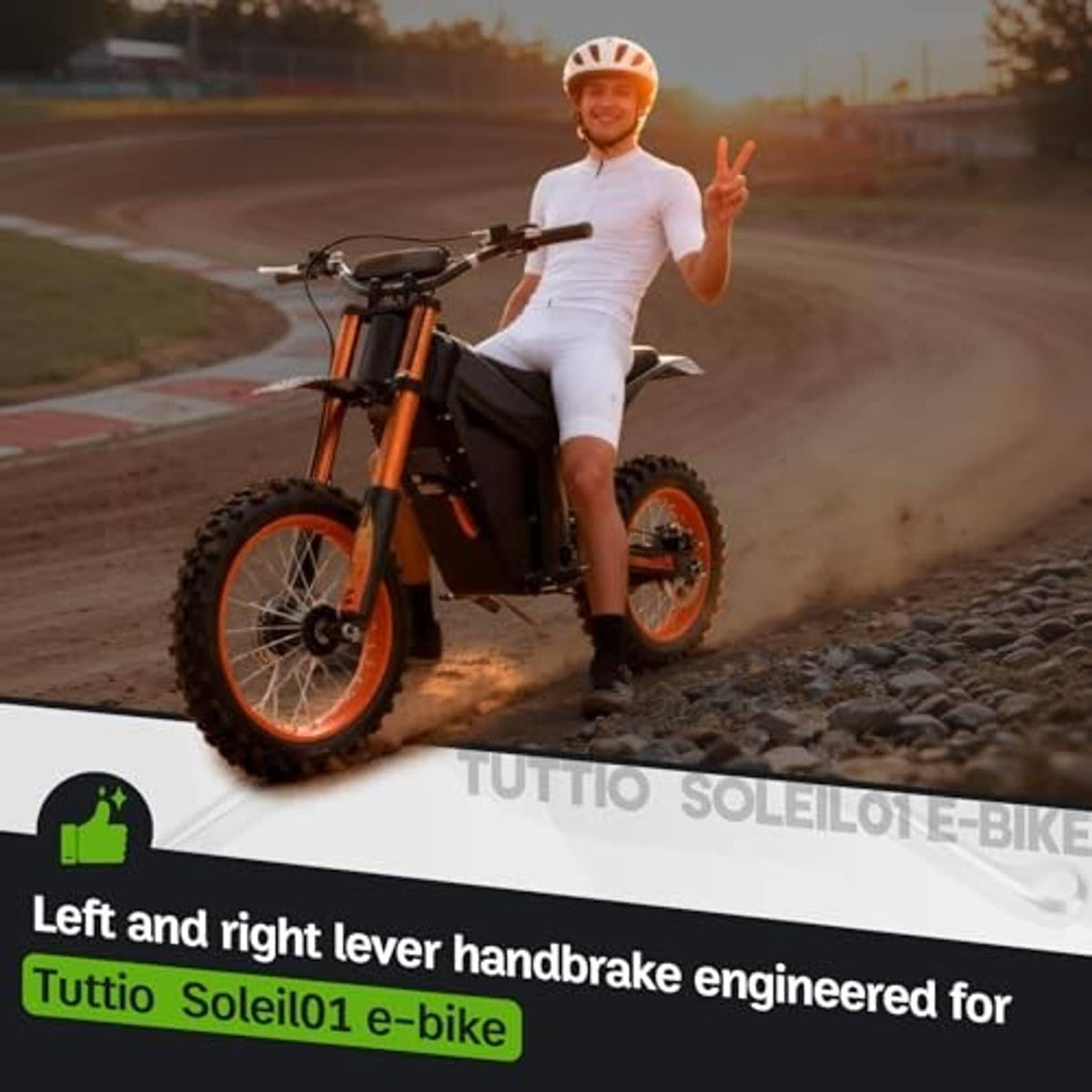Off-road e-bike with chrome left and right lever handbrakes on handlebars
