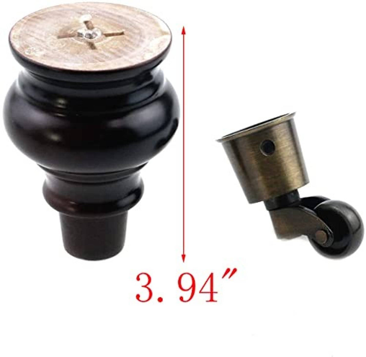 Black furniture leg with caster wheel and metal collar; 3.94 in size