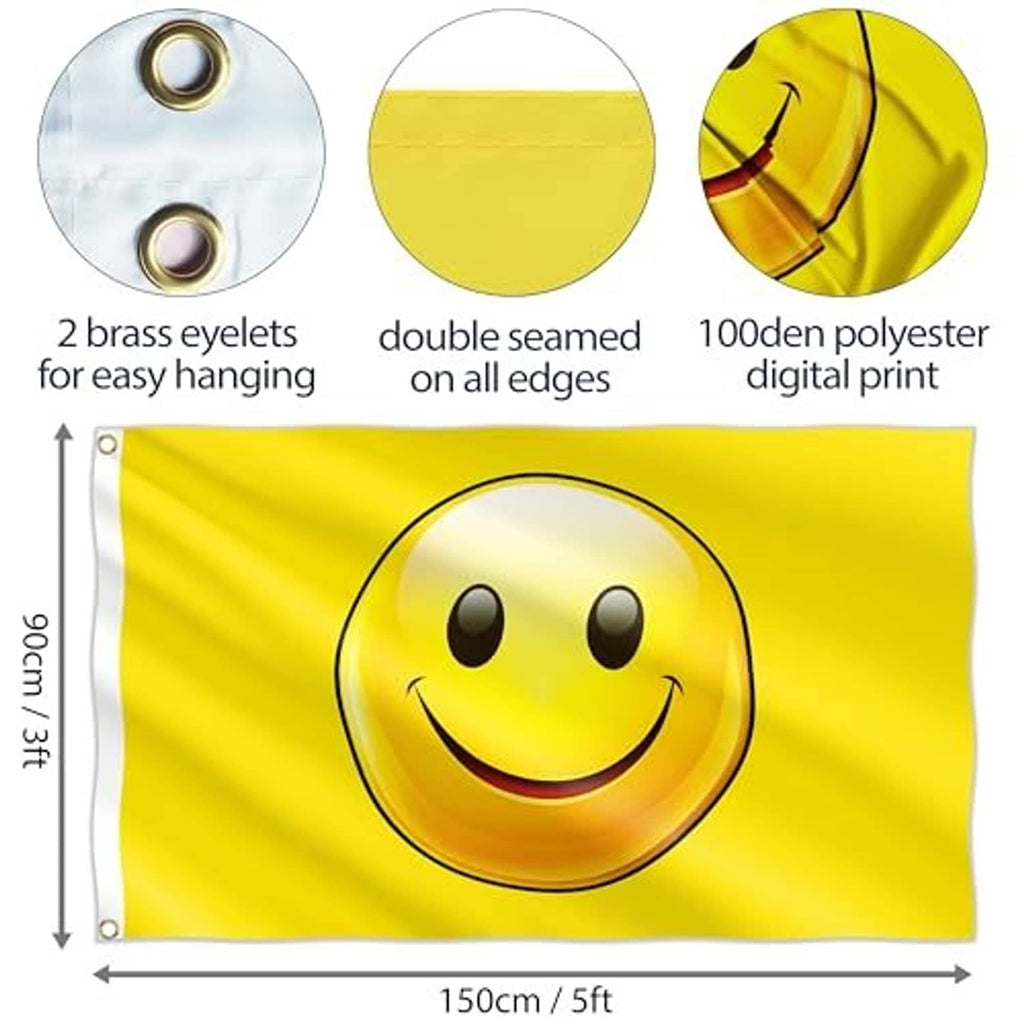 Yellow smiley face flag with brass grommets, double-seam edges, digital print