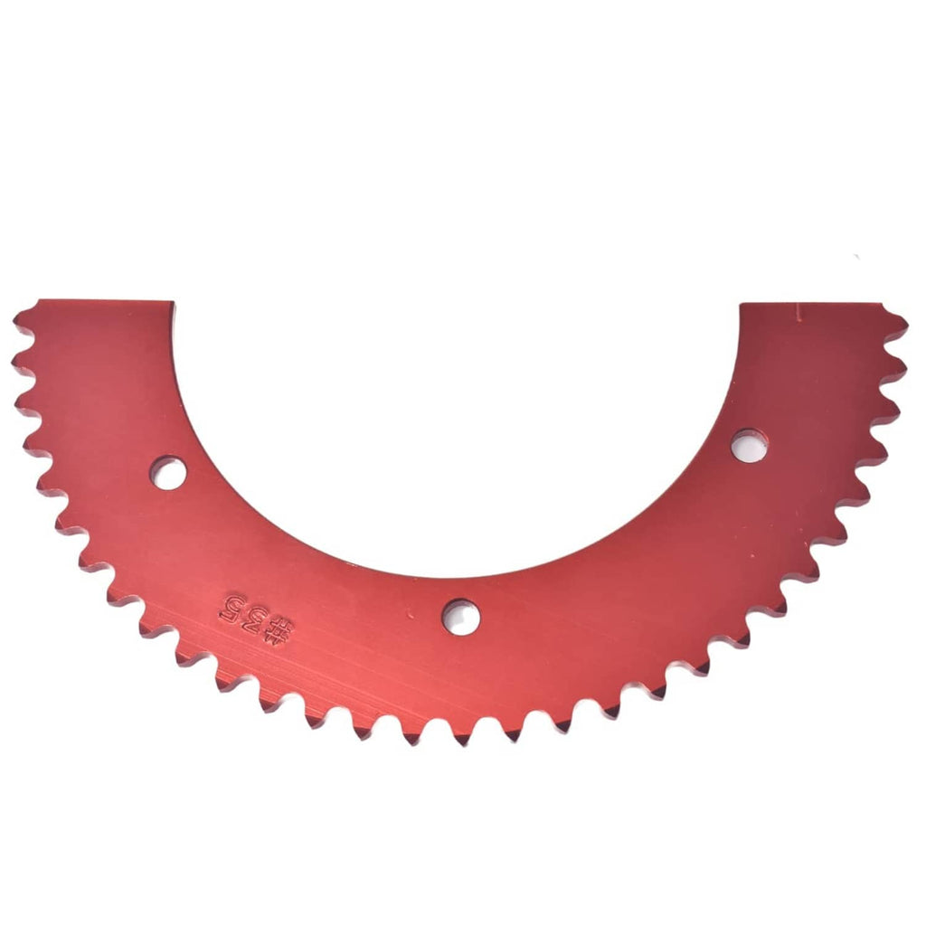 Red split sprocket gear with semi-circular cut and toothed edge