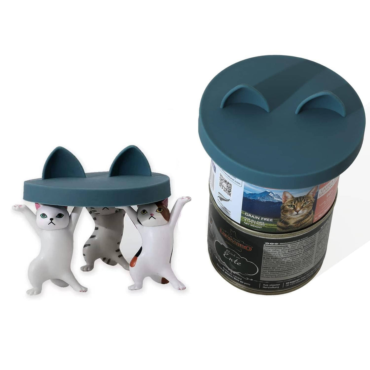 Small teal silicone cat can lids (2-pack) with two paw-shaped tabs