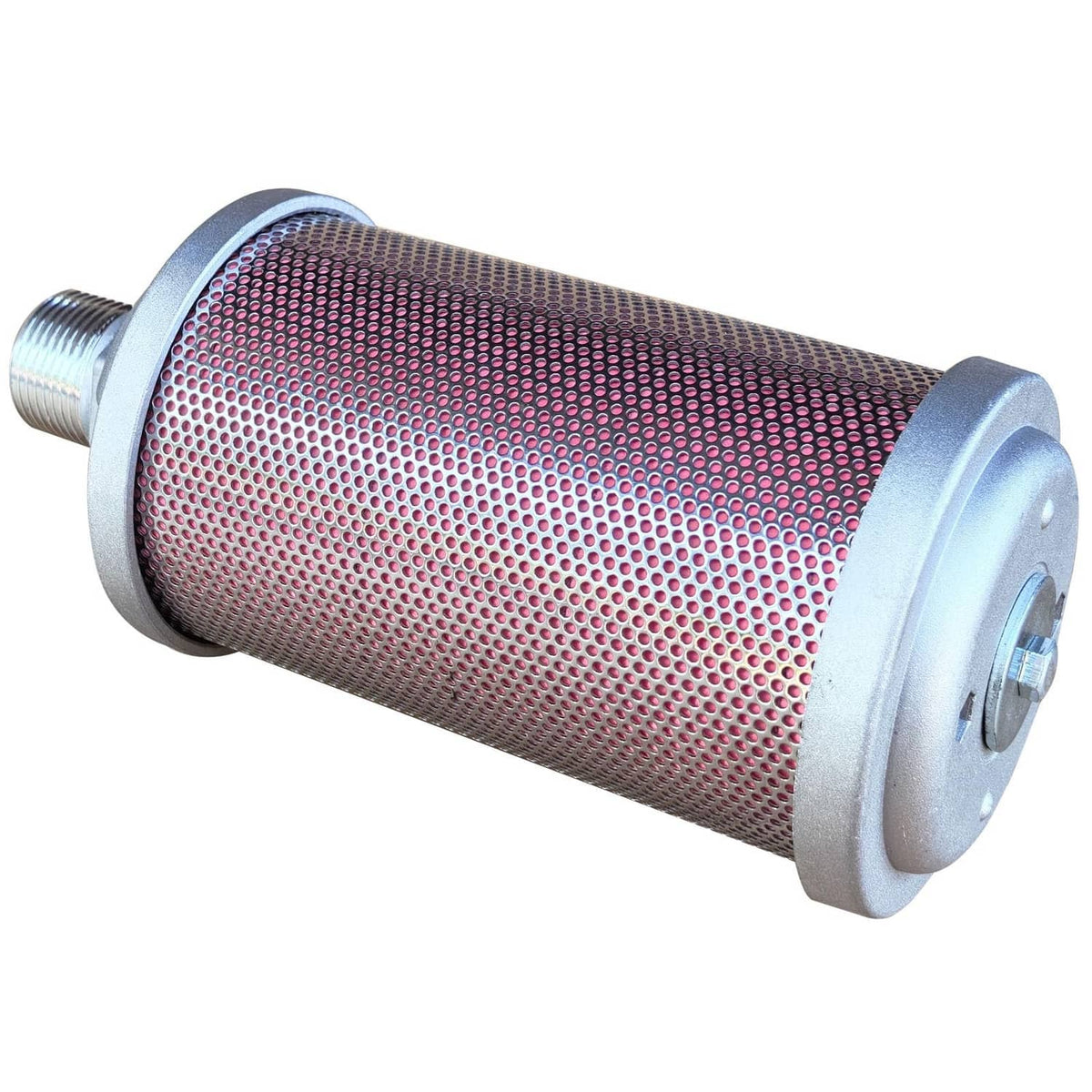 Cylindrical exhaust muffler with red perforated mesh, flange ends, and side threaded fitting