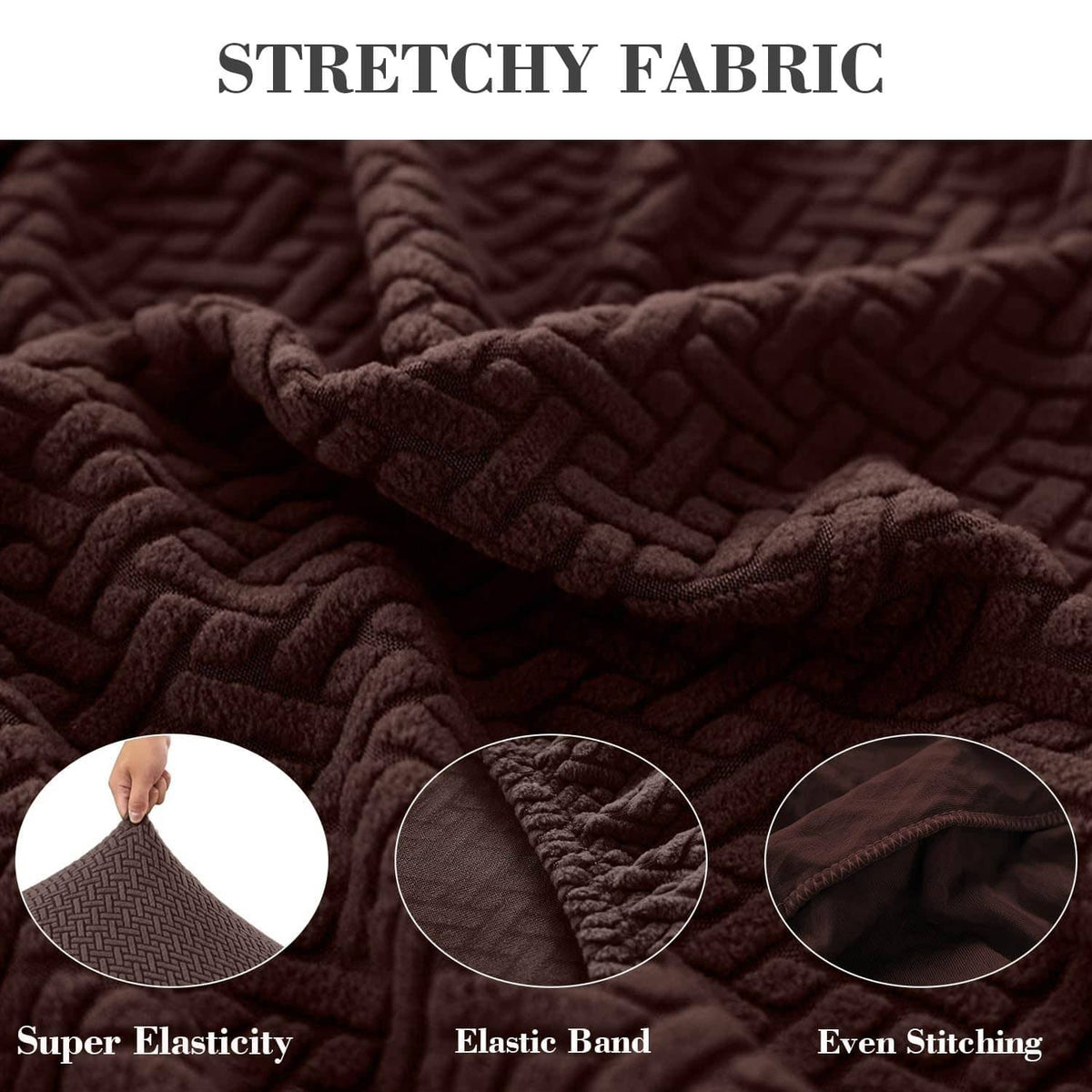 Brown stretchy fabric couch back cover with elastic band and neat stitching