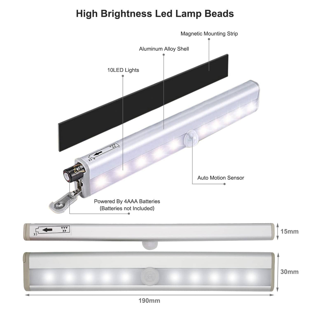 Black and silver LED light strip bar with motion sensor and magnetic mounting strip
