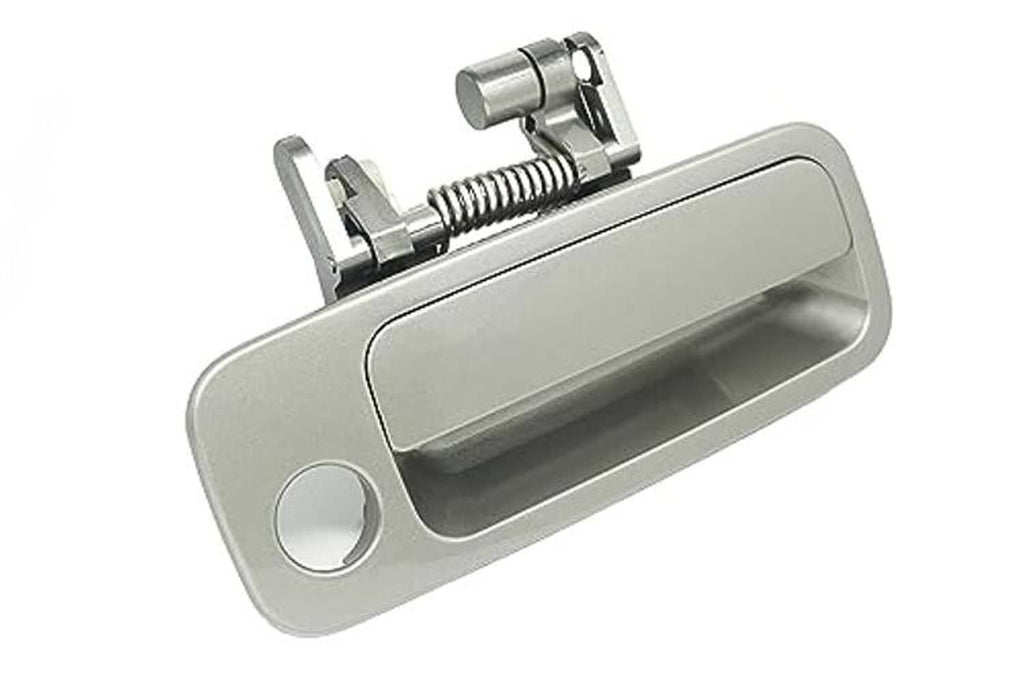 Antique sage pearl exterior door handle angled view, round keyhole and silver latch