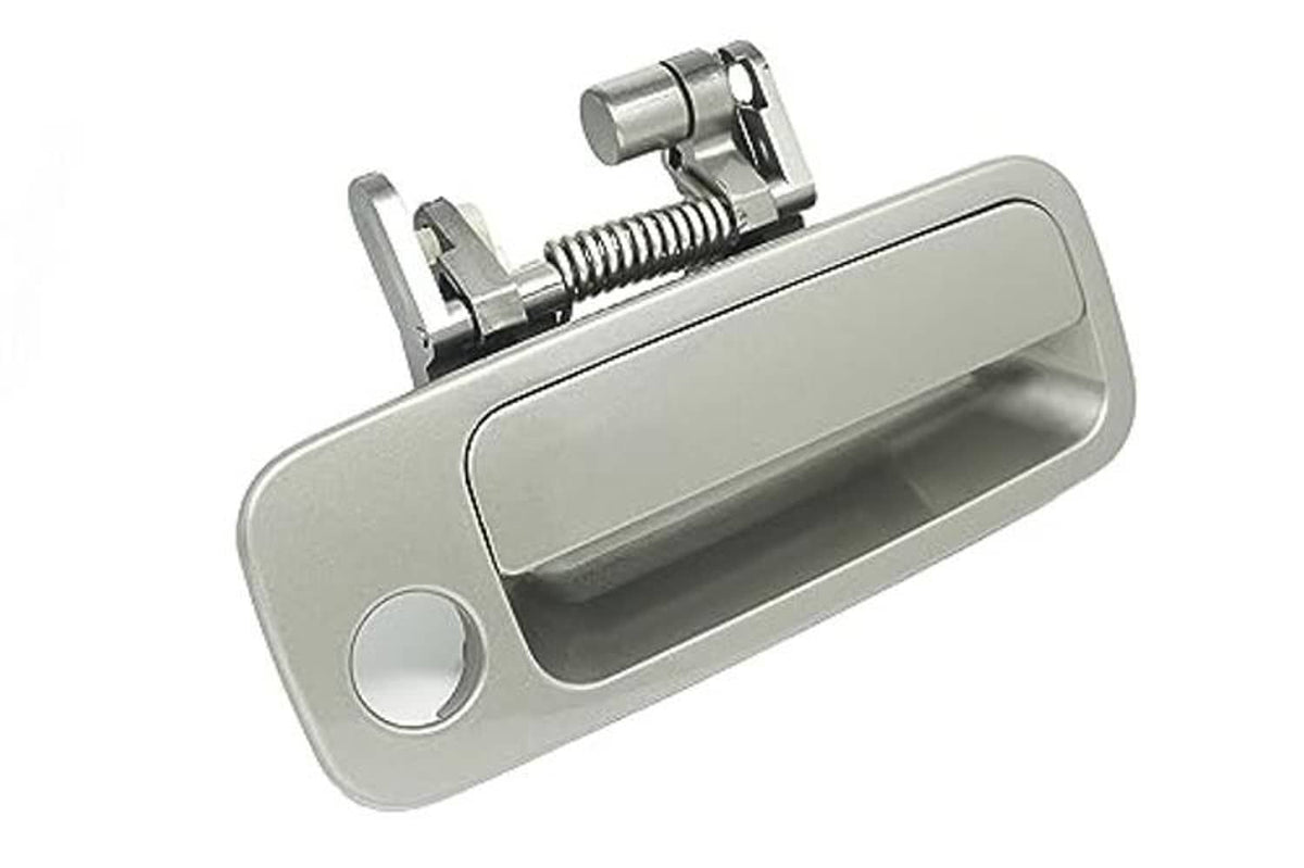 Antique sage pearl exterior door handle angled view, round keyhole and silver latch