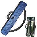 Blue hard shell pool cue case with black padded handle and shoulder strap