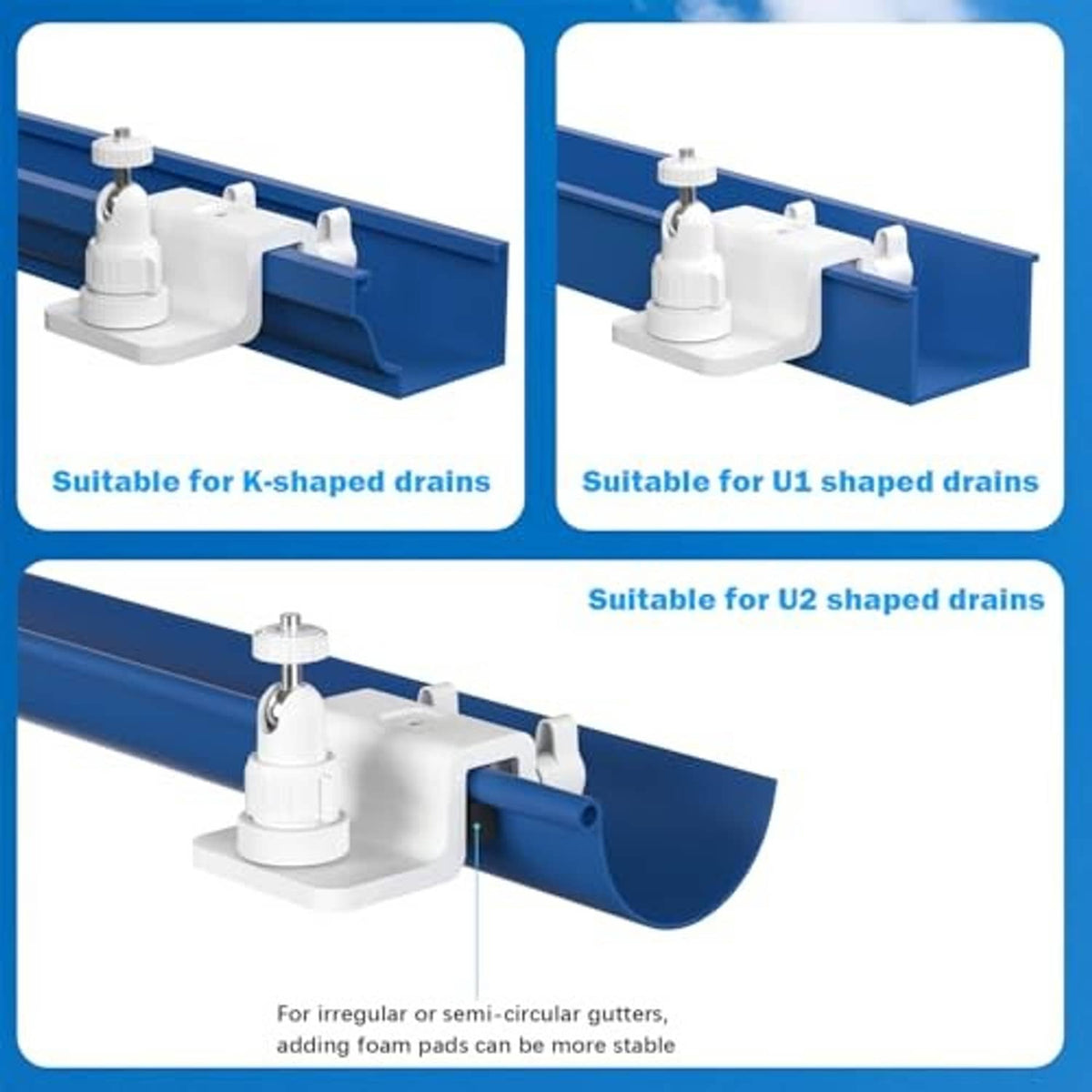 White gutter mount adapters with foam pads for securing a solar panel