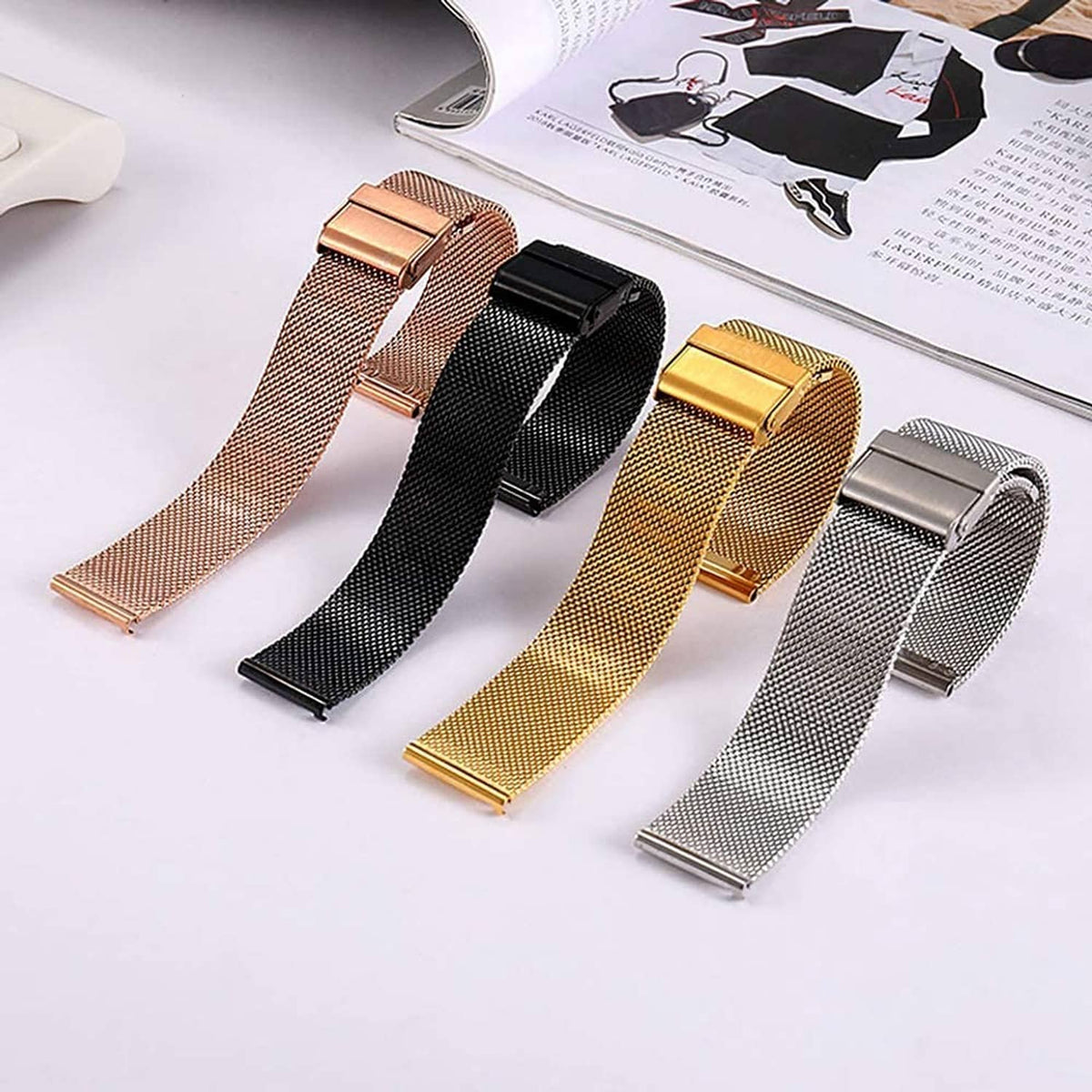 Stainless steel mesh watch bands set: black, silver, gold, and rose-gold tones
