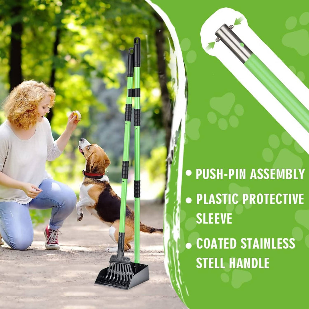 Long-handled dog pooper scooper with black rake tray and bright green pole