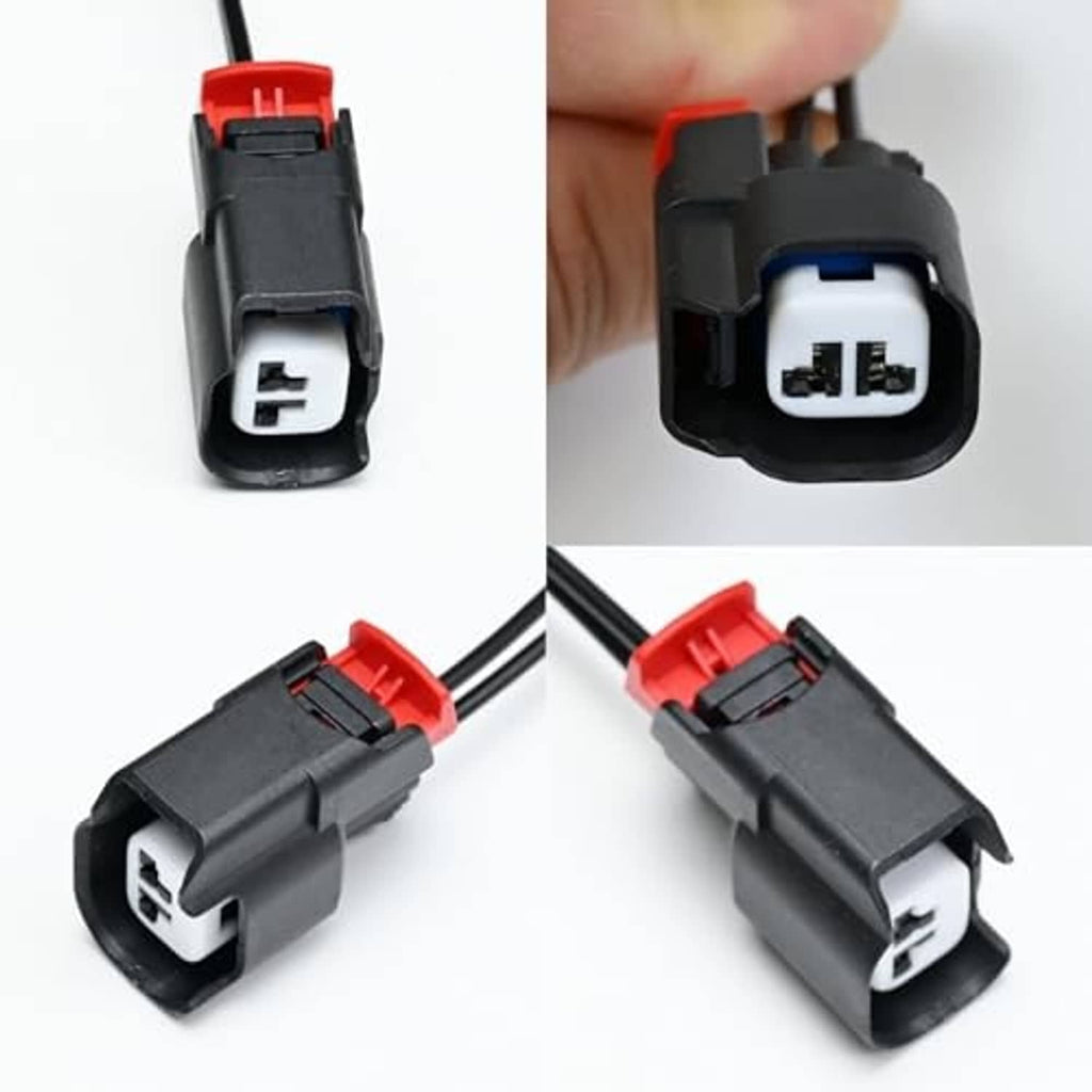 ABS wheel speed sensor connector set, black housings with red tabs, front and side views