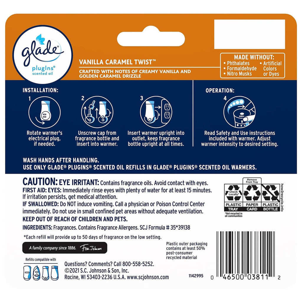 Glade PlugIns vanilla caramel twist scented oil refill package back with icons