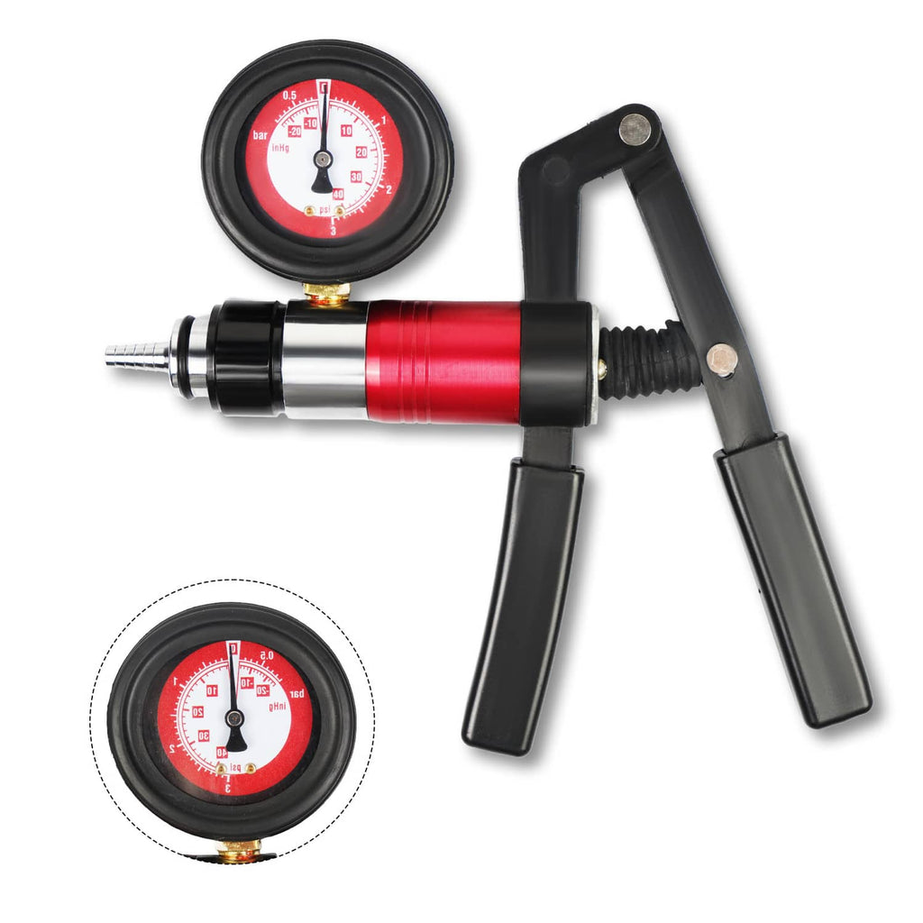 Handheld vacuum pressure pump tester with dial gauge, red cylinder, and dual black handles