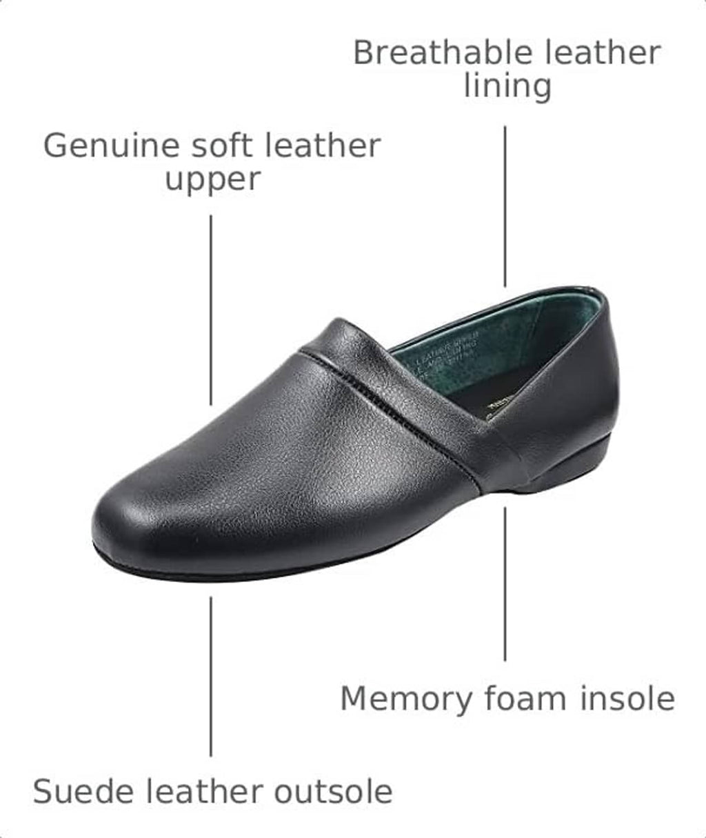 Men's black leather house slipper with teal insole and low wedge heel