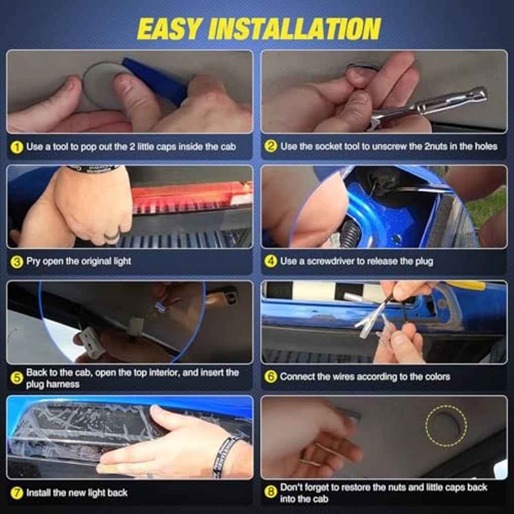 LED third brake light installation steps with wiring and mounting hardware shown