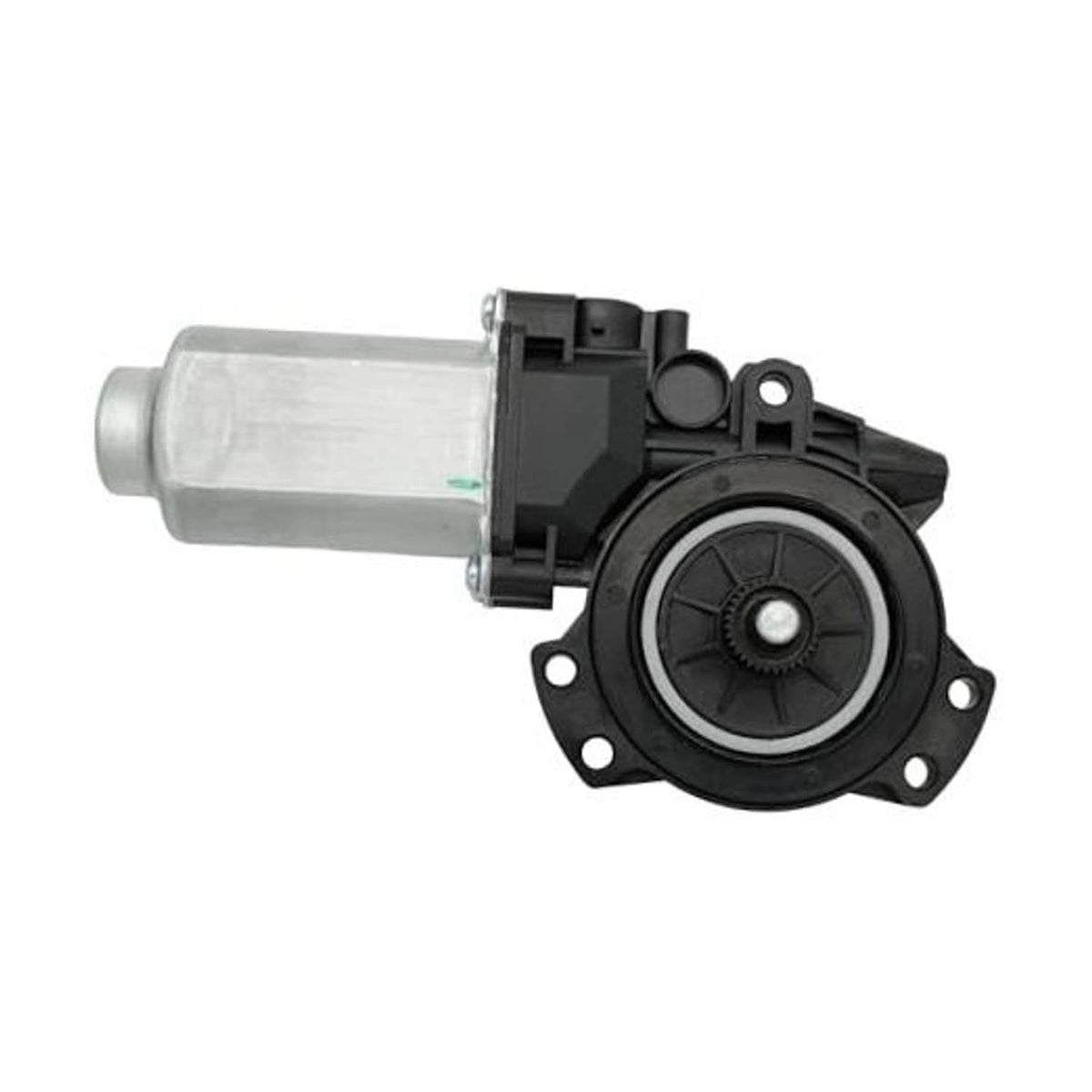 Power window motor with black circular regulator housing and silver cylindrical actuator