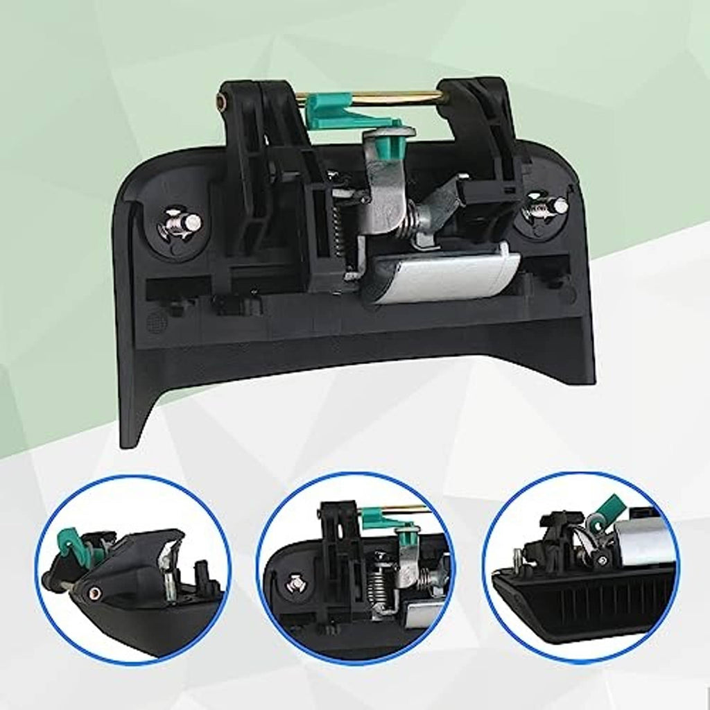Door handle mechanism in black housing with teal components, shown with detail callouts