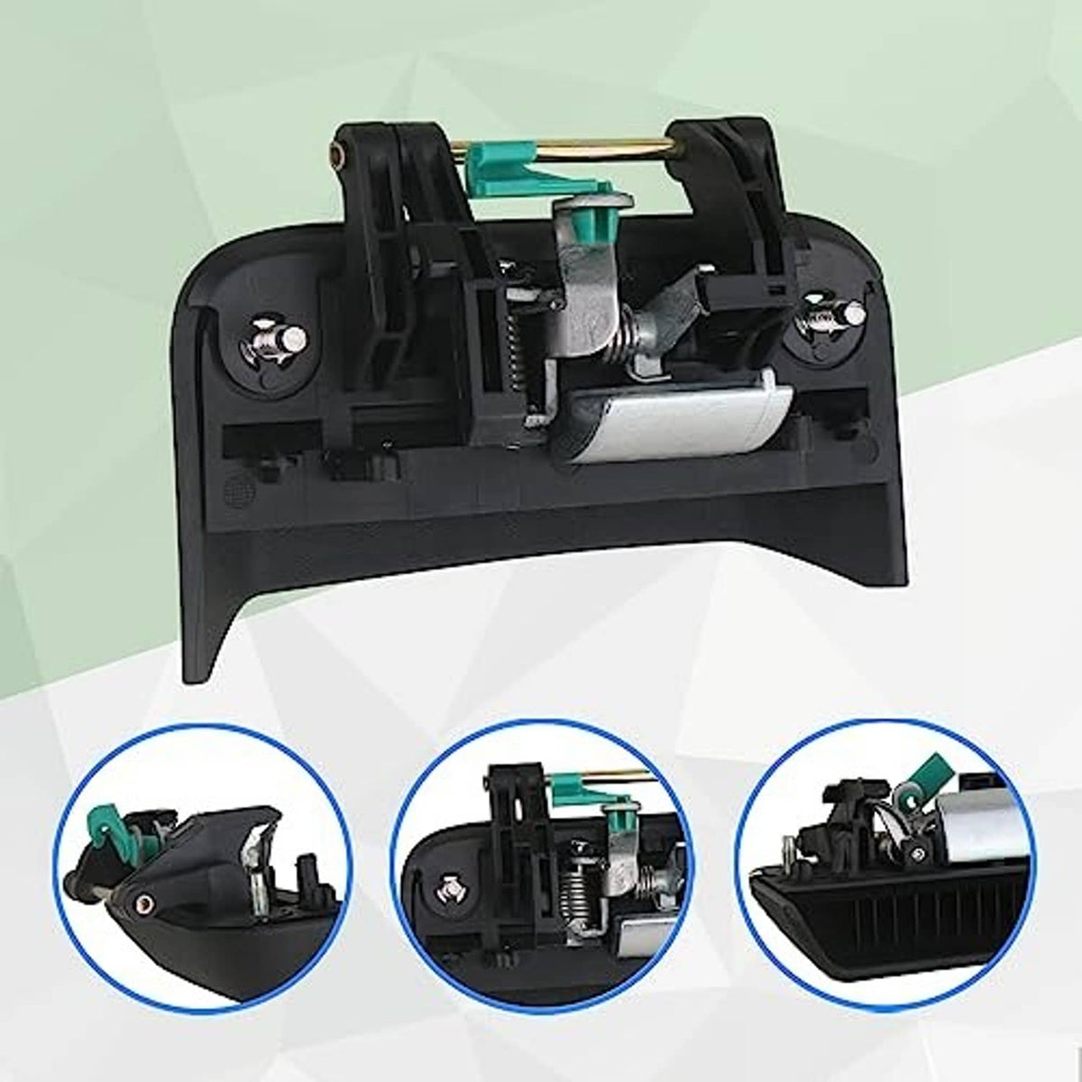 Door handle mechanism in black housing with teal components, shown with detail callouts