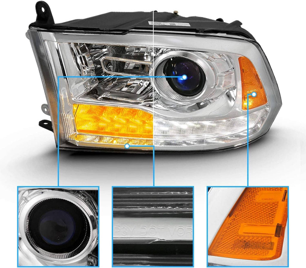 Chrome projector headlight with amber side marker and clear lens close-up detail