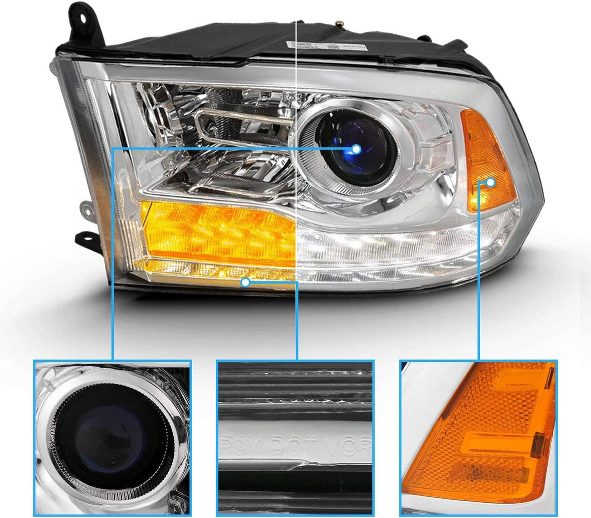 Chrome projector headlight with amber side marker and clear lens close-up detail