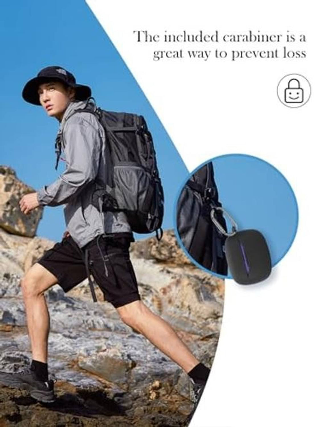Black earbud case with carabiner clip shown on outdoor backpacking model