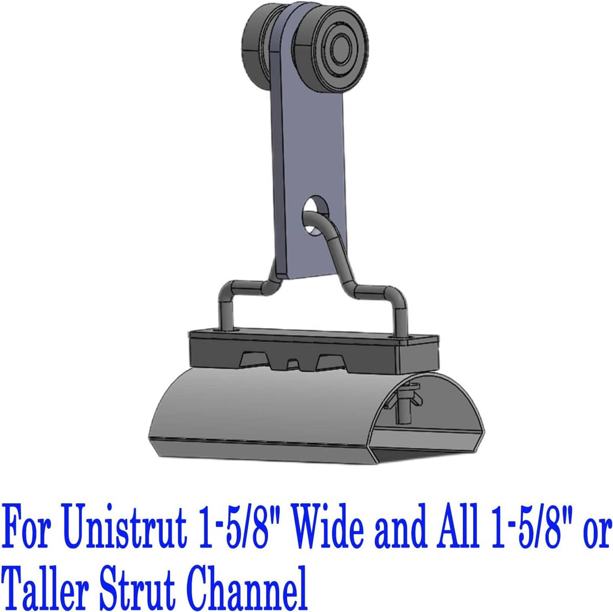 Metal trolley assembly with top grooved pulley and base for strut channel mounting