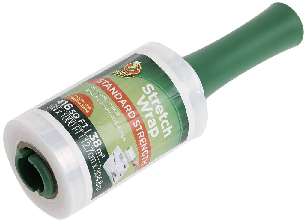 Duck Brand stretch wrap roll with label, green film on white plastic core, angled