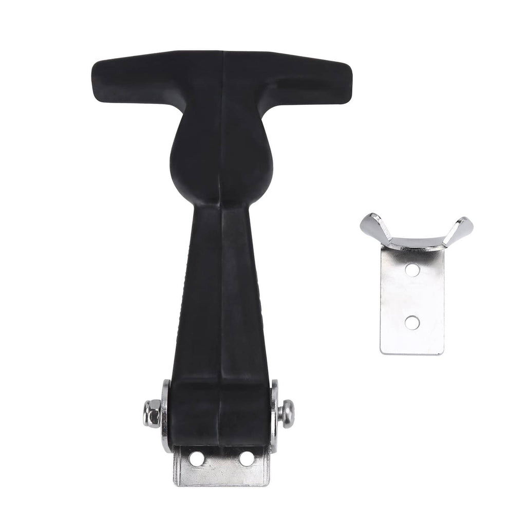 Black rubber T-handle draw latch with metal base plate and mounting holes