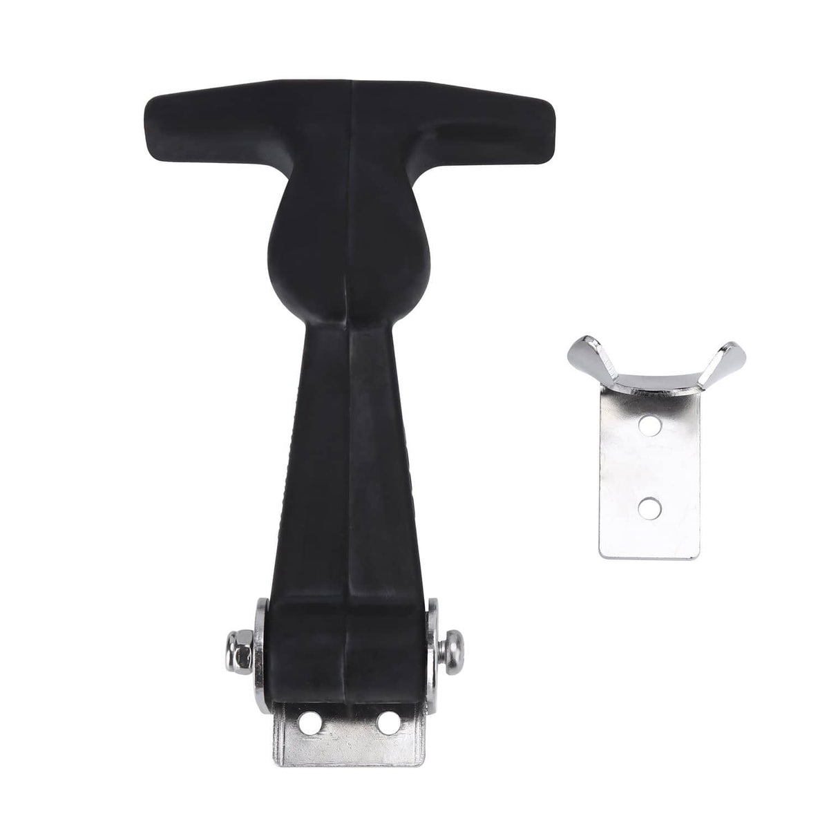 Black rubber T-handle draw latch with metal base plate and mounting holes