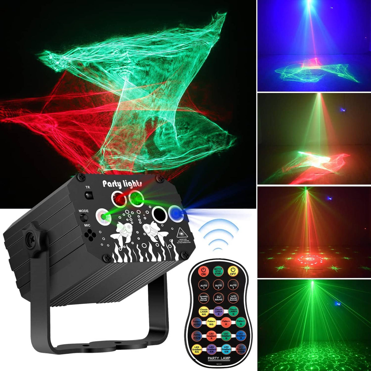 Black LED party laser light projector with remote; emits green, red, and blue beams
