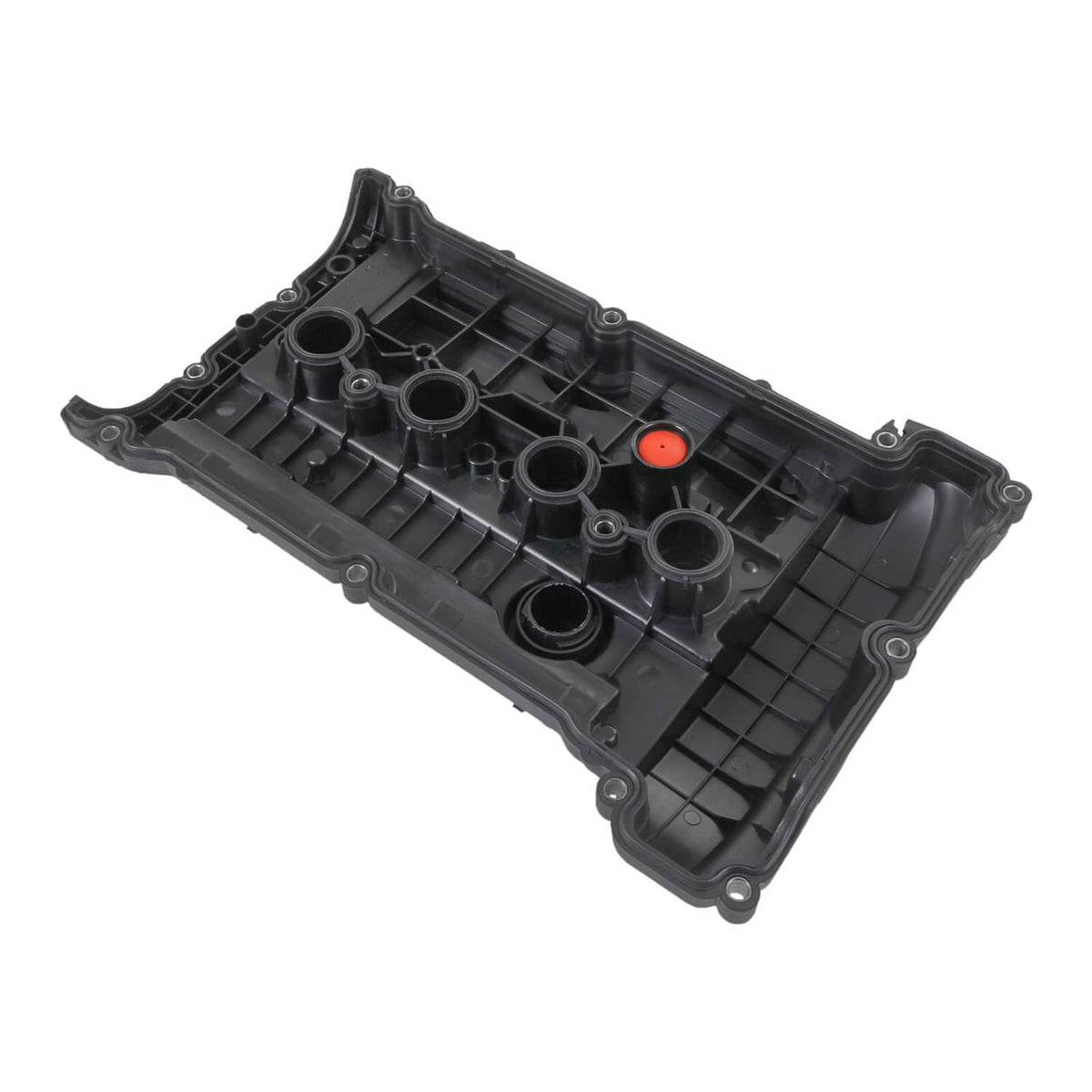 Engine valve cover underside, black plastic with circular openings and red plug