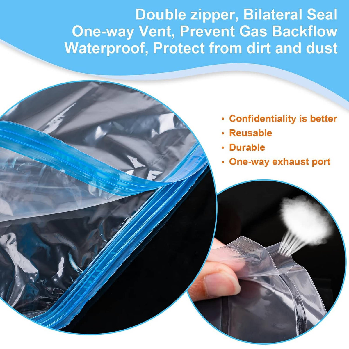 Gray compression bag close-up with blue zip seal and one-way vent design