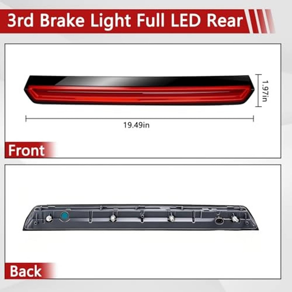 Third brake light LED bar with red lens strip and black housing, front and rear view